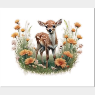 fawn in a field of flowers Posters and Art